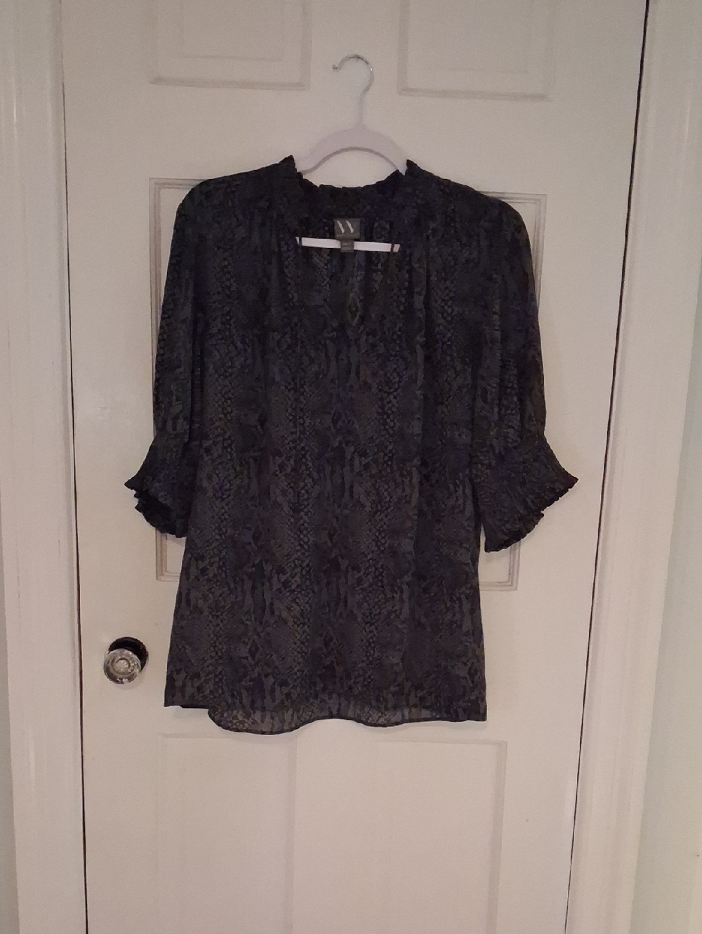 Worthington Black Snake-Print Ruffle Sleeve Blouse